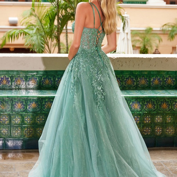 Elegant Green Floral Sparkly A-Line Laceup Back Woodland Forest Evening Gown - Picture 2 of 5